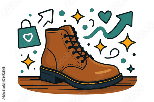 Stylish Leather Boot. Boot. Single leather boot on wooden floor with abstract floating sparkles, arrows, and icons; conveys fashion, durability, and style.