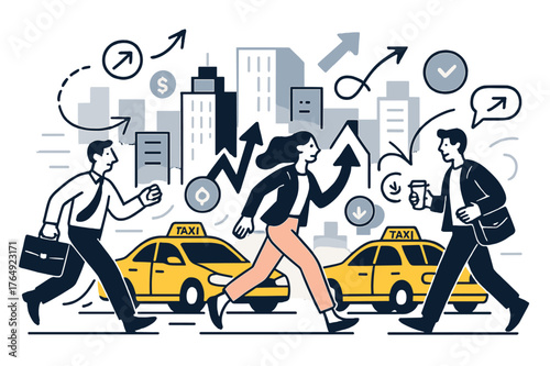 Dynamic Urban Flow. Downtown business area. Street-level scene with taxis, pedestrians, and high-rise buildings; abstract floating lines and arrows convey