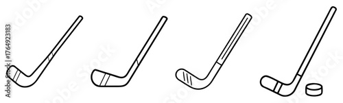 Ice Hockey Stick and Puck Outline Icon Set - Winter Sports Equipment Vector