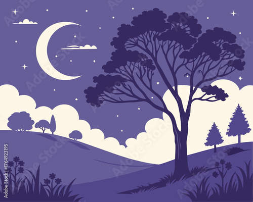 A serene night landscape with a crescent moon and a large tree