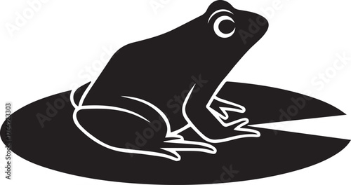 Black silhouette frog perched comfortably on a large lily pad in a pond