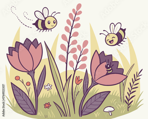 Cartoon bees buzzing around colorful flowers