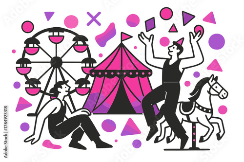 Carnival Geometric Illumination. Circus Lights. Carnival rides with glowing lights and floating abstract geometric shapes, energetic and festive circus