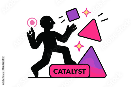 Chemical Catalyst Dynamics. Catalyst. Close-up of a chemical catalyst causing reaction with floating abstract geometric shapes and soft glowing accents,
