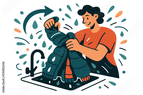 Wringing Winter Coats. Washing winter coats. Person wringing out wet winter coat over sink; abstract floating droplets and motion lines convey activity,