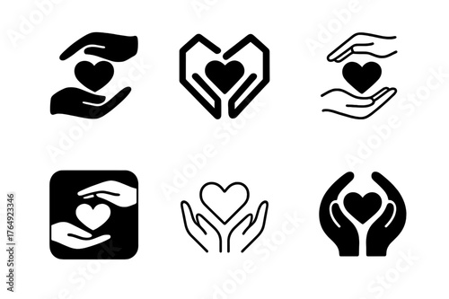 Helping Hands Logos. Senior volunteering. Set Logo of Senior volunteering: helping hands with heart. harmonious logo variations of the same emblematic concept,
