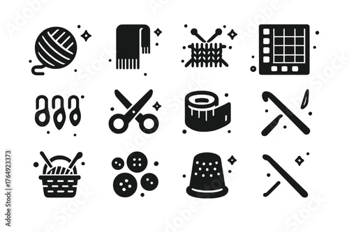 Handmade Knitting Icons. Handmade Knitting. Solid icons set of Handmade Knitting: yarn ball, scarf, knitting needles, hands, pattern chart, stitch markers,