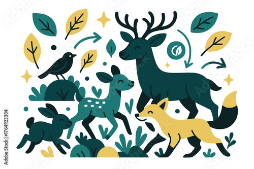 Dynamic Forest Ecosystem. Ecology. Group of animals in forest clearing with abstract floating leaves, arrows, and sparkles; emphasizes wildlife, ecosystem, and