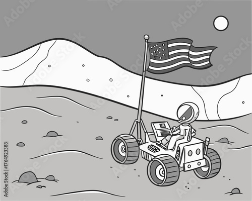 Cartoon illustration of a lunar rover on the moon with american flag