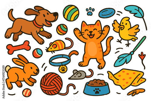 Playful Pets Doodle. animals playing. Colorful Hand-drawn doodle Children illustration animals playing dog, cat, ball, chew toy, yarn, mouse toy, frisbee,