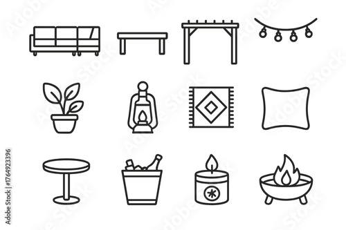 Outdoor Lounge Icons. Outdoor Lounge. Line icon set of Outdoor Lounge: sectional sofa, coffee table, pergola, string lights, potted plant, lantern, outdoor