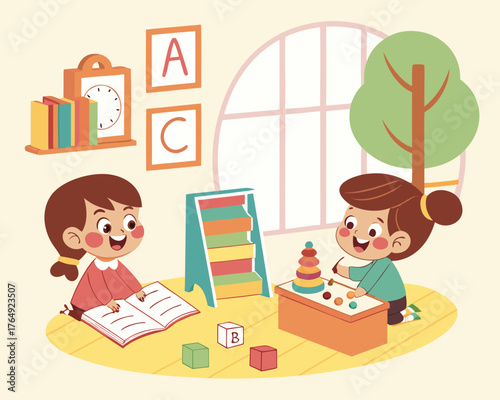 Children playing with toys in a playroom with educational materials
