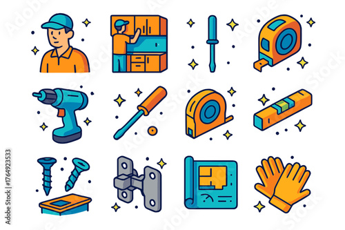 Colorful Cabinet Installation Icons. Cabinet installation. Colorful isometric vector icons set of cabinet installation: upper cabinets, lower cabinets, drill,