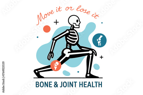 Graceful Skeleton Pose. Bone & Joint Health. A stylized skeleton frame moves gracefully through a lunge; floating icons highlight knees and hips. Text ?Move it