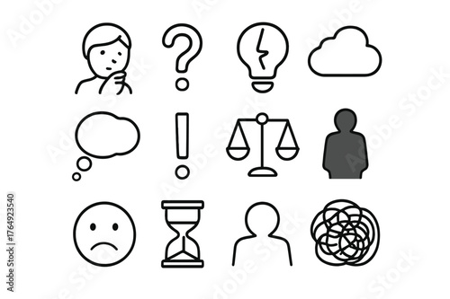 Icons of Self-Doubt. Self-doubt. Line icon set of self-doubt: person thinking, question mark, broken light bulb, cloud, thought bubble, exclamation mark,