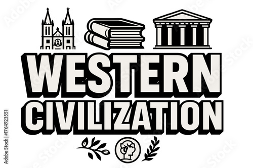 Western Civilization Art. Bold Block Lettering ? "Western Civilization" in massive bold geometric letters, stacked block composition, heavy outlines with
