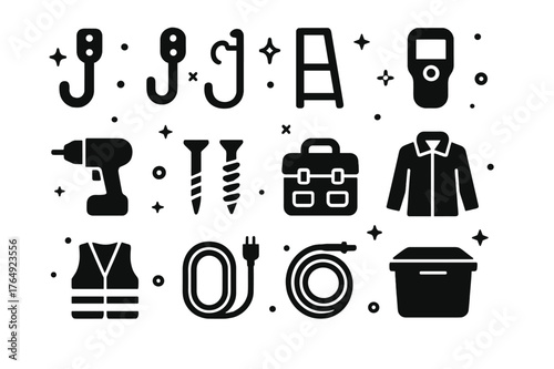 Heavy-Duty Garage Icons. Heavy-duty garage hooks. Solid icons set of Heavy-duty garage hooks: utility hook, bike hook, ladder hook, stud finder, drill, screws,