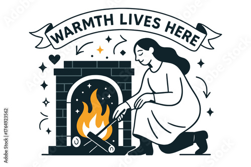 Warm Hearth Serenity. Keeper of the Hearth. A calm figure tends a glowing fire; sparks rise like tiny stars of care. Ribbon text ?warmth lives here? arcs above