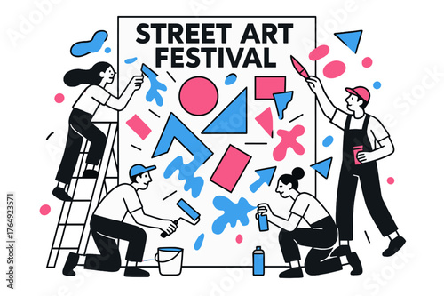 Collaborative Geometric Mural. Street Art Festivals. Group of artists collaborating on a large mural with floating abstract geometric shapes and