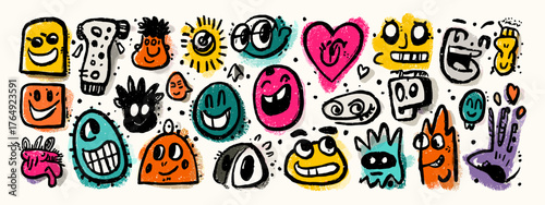 Colorful Doodle Faces with Various Expressions