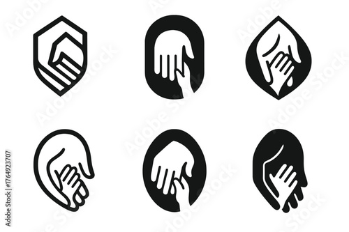 Grandparental Bond Logos. Grandparenting. Set Logo of Grandparenting: elder hand holding child hand. harmonious logo variations of the same emblematic concept,