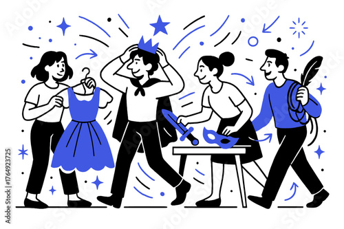 Backstage Buzz. Theater production. Backstage scene with actors preparing costumes and props; abstract floating sparkles and motion lines convey anticipation