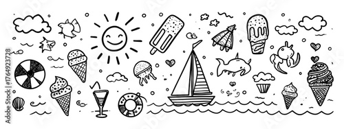 vector illustration of a set of summer doodle sea  symbols