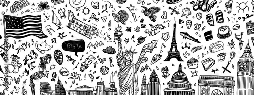 set of American icons style doodle USA