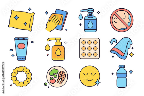 Acne Care Icons. Acne prevention hygiene. Colorful isometric vector icons set of Acne prevention hygiene: clean pillowcase, phone wipe, hand sanitizer,
