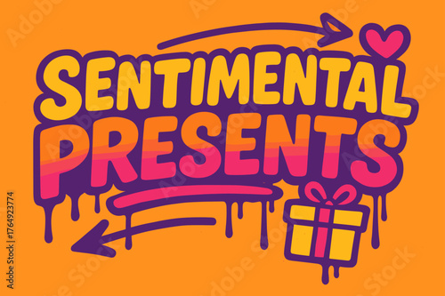 Graffiti Sentimental Presents. Graffiti Simplified ? "Sentimental Presents" in thick bubble letters, tilted dynamic layout, dripping outlines, flat spray