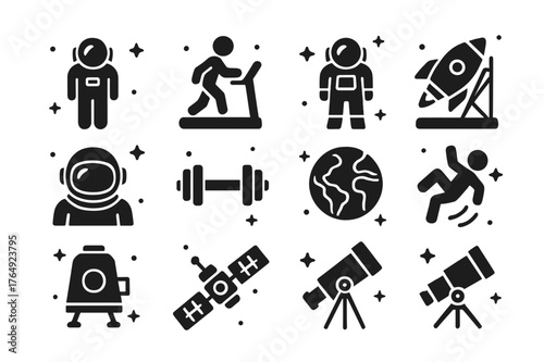 Astronaut Training Icons. Astronaut Training. Solid icons set of Astronaut Training: astronaut, treadmill, space suit, rocket simulator, helmet, weights,