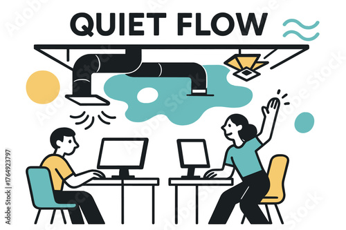 Dynamic Ceiling Design. Ceiling Plenum Overview. A cutaway ceiling reveals ducts gliding above workstations; diffusers bloom like geometric flowers. ?Quiet