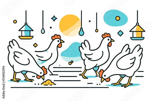 Chickens and Floating Shapes. Poultry Farm. Rows of chickens walking and pecking in a clean poultry farm with floating abstract geometric shapes and soft light