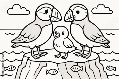 Puffin Family Coloring Page. Puffin family children?s coloring book illustration, outlined drawing, two parent puffins and a chick standing on a rocky cliff