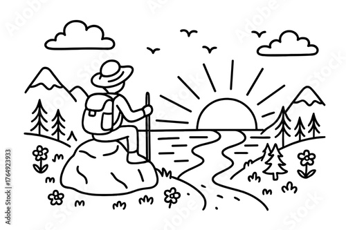 Solo Hiking at Sunset. Solo Hiking Sunset. Hand-drawn doodle illustration Solo Hiking Sunset person on rock, sunset, mountains, clouds, river, trees, backpack,