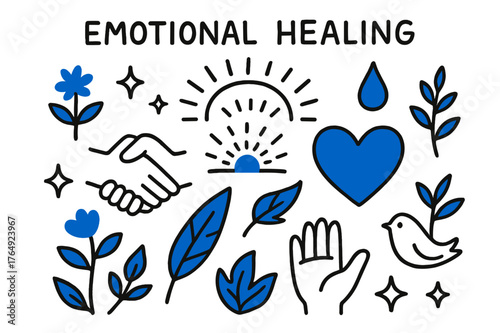 Healing Symbols Doodle. // Emotional healing. Hand-drawn doodle illustration Emotional healing [hands clasped (accented), heart (accented), flower sprout