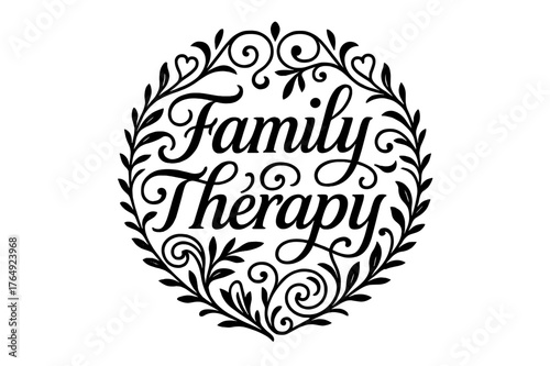 Elegant Ornamental Lettering. Family Therapy ? flourished classic ornamental lettering; medium-weight strokes with elegant swashes and balanced curls; circular