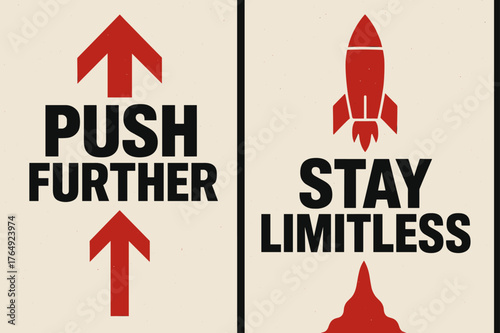 Brutalist Banners. Push further. Two vertical A6 banners with safe margins, centered composition, no elements touching edges, brutalist, black and red, objects