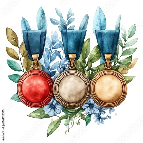 Military Medal Brooch, watercolor drawing vector, isolated on a white background.