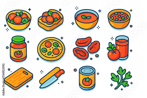 Tomato Kitchen Icons. Tomato-based kitchen creations. Colorful isometric vector icons set of Tomato-based kitchen creations: fresh tomato salad, bruschetta,