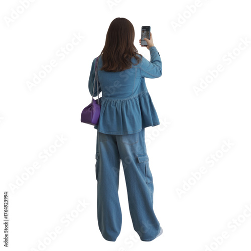 Young woman in denim outfit taking a selfie with handbag full length back view transparent background