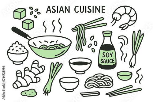 Asian Cuisine Doodles. // Asian cuisine. Hand-drawn doodle illustration Asian cuisine [wok pan (accented), chopsticks (accented), rice bowl, soy sauce bottle