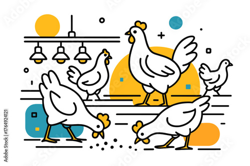 Chickens and Floating Shapes. Poultry Farm. Rows of chickens walking and pecking in a clean poultry farm with floating abstract geometric shapes and soft light