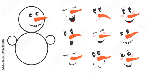 Snowman figure with set of different funny faces. Collection of cute snow man heads with various emotions and carrot noses. Winter character constructor. Vector cartoon illustration.