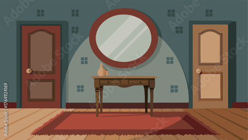 A foyer with a distressed wooden console table a large round mirror and a vintage rug.