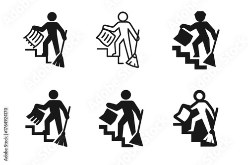 Staircase Logo Variations. Sweeping the stairs. Set Logo of Sweeping the stairs: Staircase runner being shaken and swept. harmonious logo variations of the