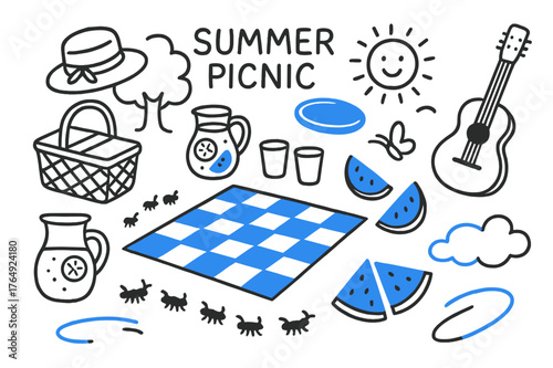 Cartoon Summer Picnic. // Summer picnic. Hand-drawn doodle illustration Summer picnic [picnic blanket (accented), picnic basket, watermelon wedges (accented),