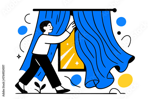 Curtains and Light. Closing Curtains. Elegant curtains closing over a large window with abstract flowing folds and floating light rays, serene interior