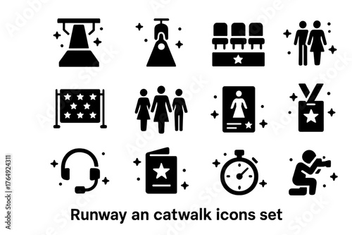 Fashion Show Icons. Runway and Catwalk. Solid icons set of Runway and Catwalk: runway platform, spotlight, front row seats, step and repeat, model lineup, look