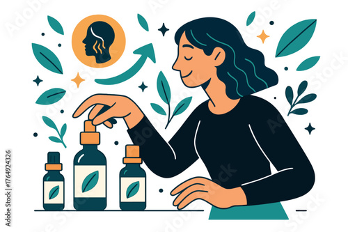 Mindful Aromatherapy Selection. Aromatherapy oils. Person selecting essential oils from collection with abstract floating icons, leaves, and sparkles; conveys